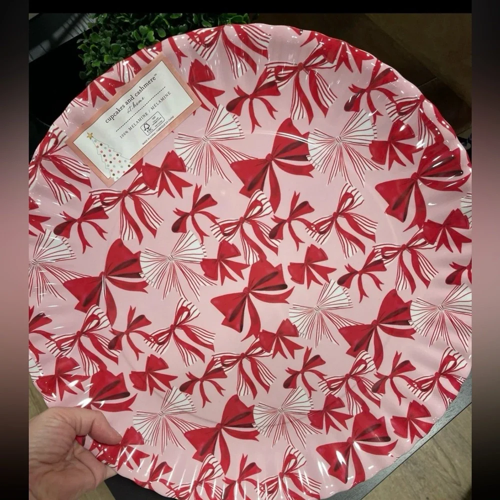 Cupcakes & Cashmere Christmas Red & Pink Bow Coquette Melamine Serving Tray NWT